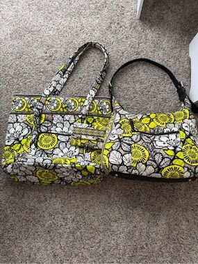 Vera Bradley Yellow, Black & White Quilted Floral Tote and Shoulder Bag.
